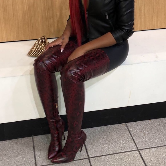 Burgundy Snake Skin Extreme Thigh high boots - Picture 4 of 5